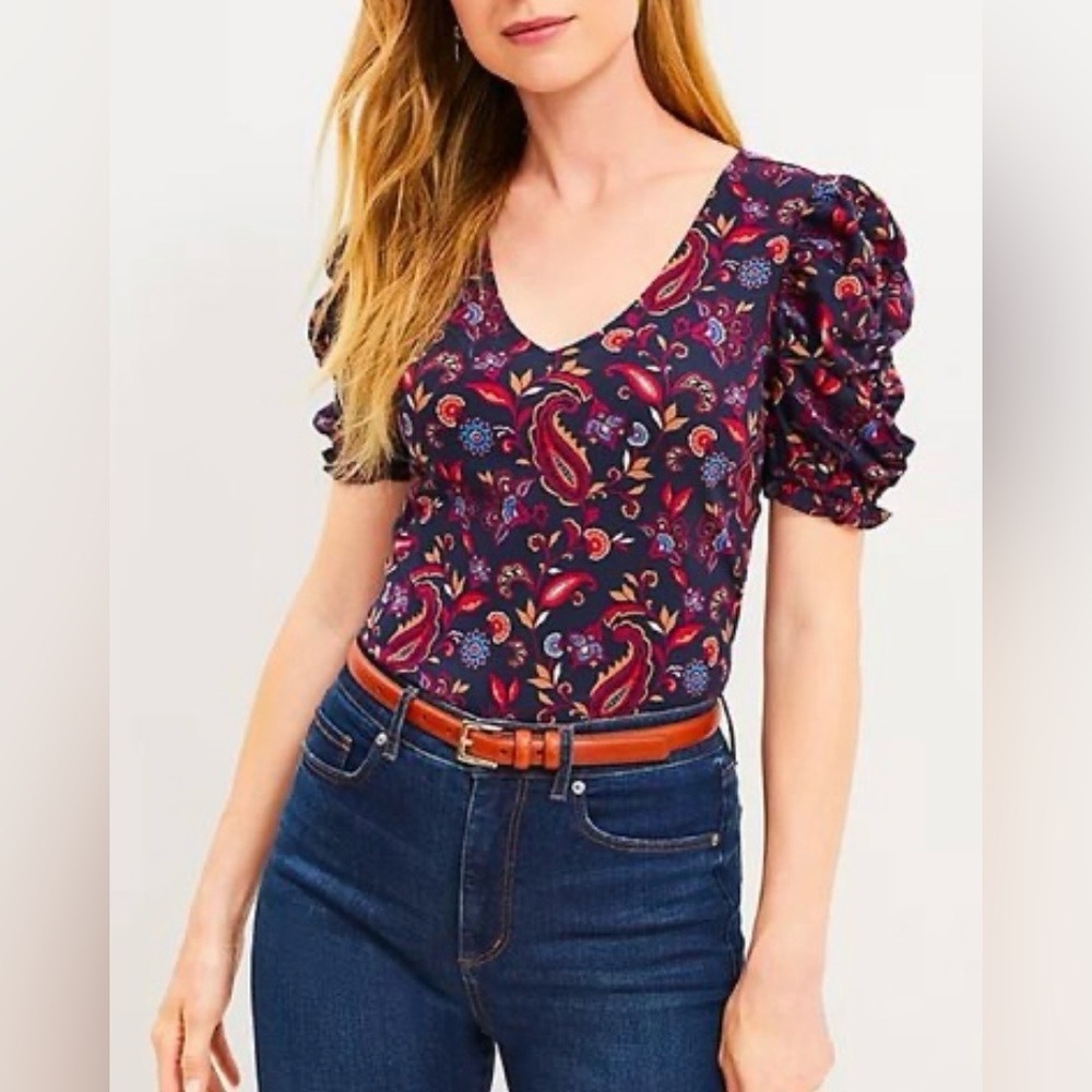 LOFT Paisley Ruffle Cinched Sleeve V-Neck Top SZ XXL